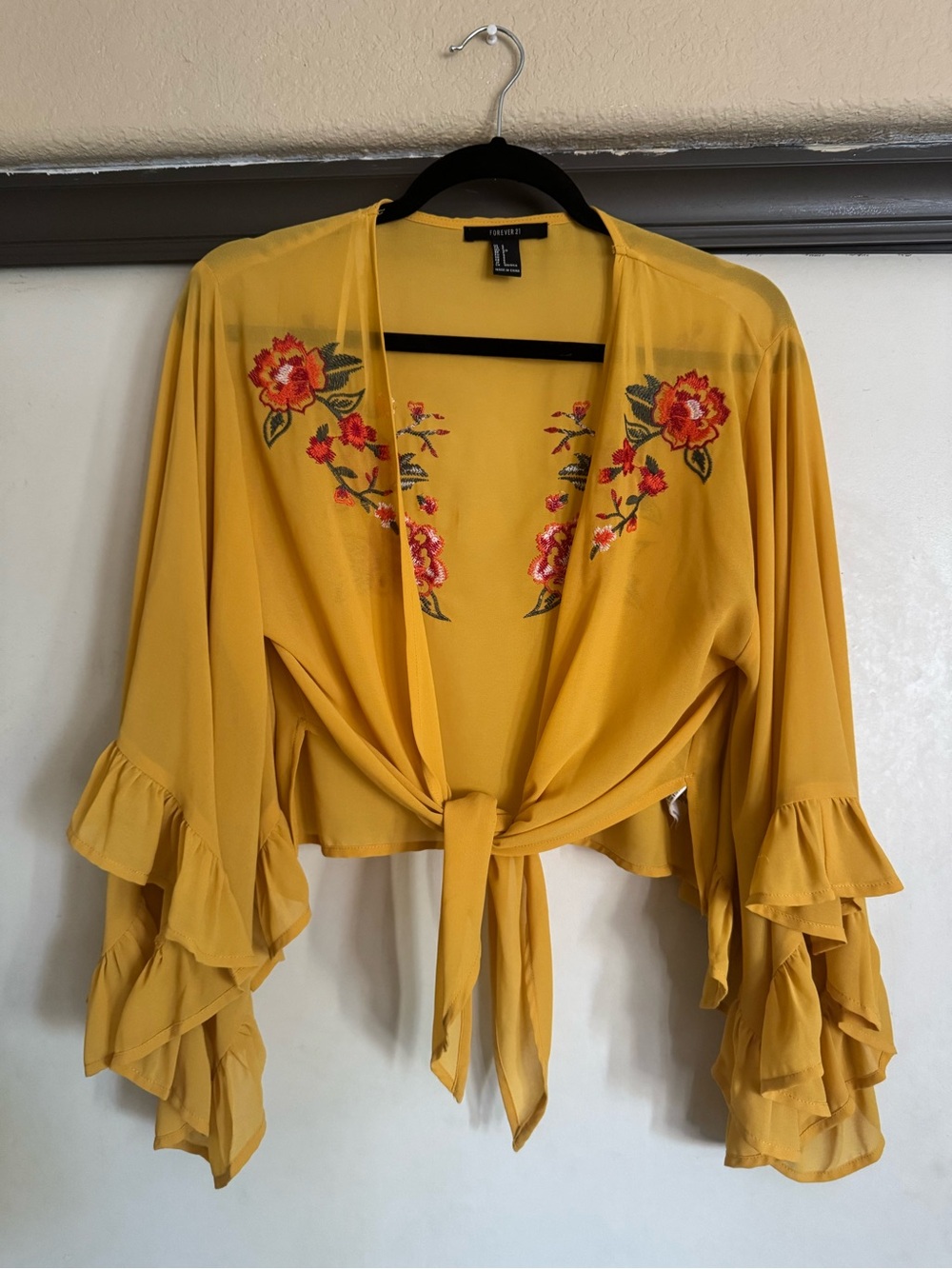 Forever 21 Mustard Yellow Embroidered Sheer Tie-Front Ruffle Sleeve Crop Top